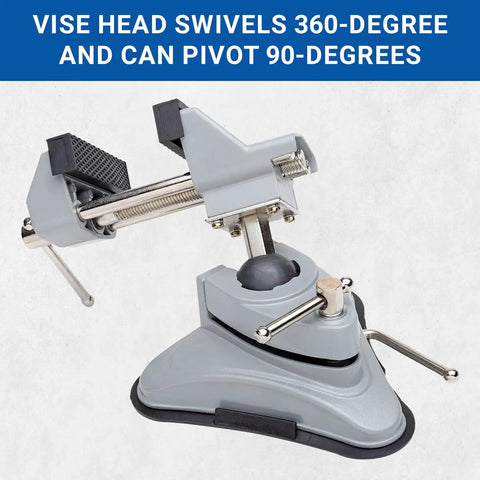 Portable Vacuum Base Vise With 360 Degree Swivel And 90 Degree Pivot Two And Three Quarter Inch Jaw Width Mounts To Smooth Surfaces Like Laminate Steel Granite And Glass Clamps Delicate Parts Safely