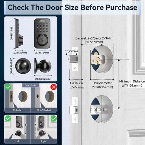 Keyless Entry Door Lock With Handle Set Built In WiFi Fingerprint App Control Doorbell No Key Hassle Smart Home Ready Electronic Keypad Deadbolt One Time Code Auto Lock Easy To Install For Airbnb Home And Office shown with specifications and measurements for installation