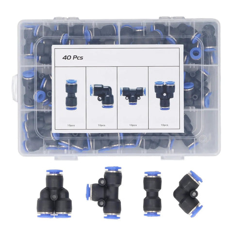 Jiawu 40 Piece Push To Connect Pneumatic Fitting Kit With Splitters Elbows Tees And Straight Connectors For Air Tubing Projects Versatile All Inclusive Toolset Perfect For Any DIY Job, 40 pcs in plastic case