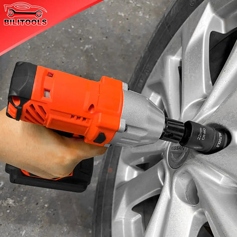 Impact wrench using Five Piece Flip Lug Nut Socket Set for 1/2 Inch Drive Metric and SAE Non Marring Thin Wall Sockets
