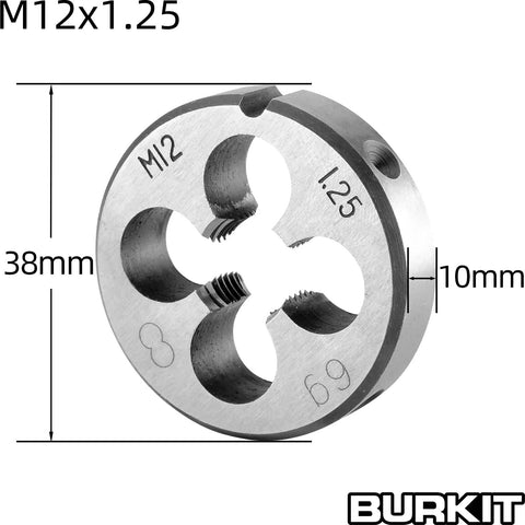 M12 X 1.25 Tap And Die Set Right Hand For Precision Metalworking featuring round die with 38mm diameter and 10mm thickness.