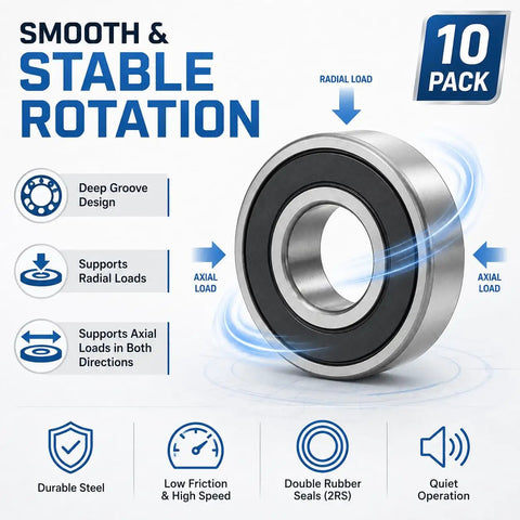 Dead Nuts Precise Fit 6200-2RS Sealed Deep Groove Ball Bearings 10X30X9MM showcasing smooth rotation and deep groove design.