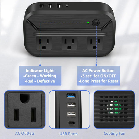 Plug And Play US To Europe Voltage Converter with 4 USB Ports, 3 AC Outlets, power button, indicator light, and cooling fan