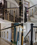 Heavy Duty Cuttable Aluminum Balusters Featuring Adjustable Angles And Tough Base Plates Decorative Oval Stair Spindles For Deck Balcony Railings 10 Pack Snap Fit Setup installed in elegant black and gold staircase.