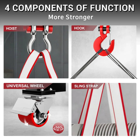 4 components of the 3 Ton Portable Gantry Crane with 8.53 Ft Wide Span, Adjustable 8.53-12.47 Ft Height, red hoist, hook, wheel, strap