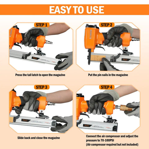 Steps for using the Ultra Lightweight 23 Gauge Pneumatic Pin Nailer For Cabinet And Door Install with clear instructions.