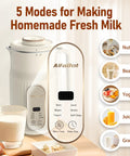 Automatic Nut Milk Maker For Homemade Almond Milk And Plant Based Milks Like Oat And Soy Yogurt With 5 Modes No Fuss 35 Oz Large Capacity Delayed Start Self Cleaning System visible with control panel and milk on counter