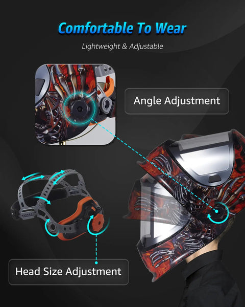 Solar Powered Auto Darkening Welding Helmet With Wide Shade 9 13 For TIG MIG ARC Welding Hood showing angle and size adjustment features