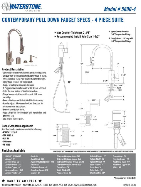 Top Tier Contemporary Pull Down Kitchen Faucet With Ridiculously Smooth Spray Wand And Heavy Duty Four Piece Hardware Kit In Slick Distressed Antique Brass Finish, specs sheet with dimensions and features.