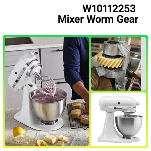 Two Pack Mixer Worm Gear Replacement in stand mixer near cupcakes, focus on heavy duty gear set replaces 4162897 4169830 AP4295669