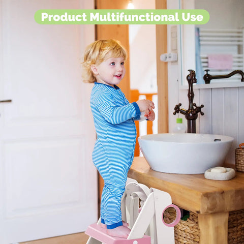 Toddler using No Sweat 2 In 1 Potty Training Seat With Step Stool For Toddlers by the sink to wash hands.