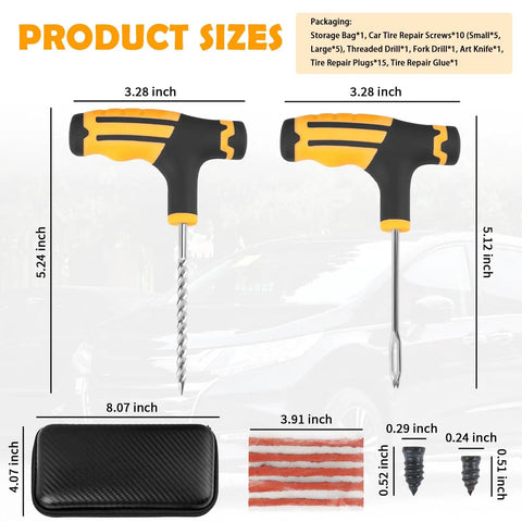 All In One 30 Piece Car Tire Plug Kit With Drill Bits And Rubber Plugs For Emergency Flat Tire Repair Tubeless Tires Includes Screws Tire Patch Plugs Fork Drill Utility Knife Storage Bag And Ready To Use Car Patch Kit product sizes and components shown with measurements.