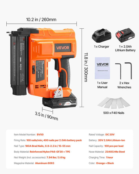 Smooth Shootin Cordless Brad Nailer 18 Gauge 20V Battery Powered Nail Gun shown with charger, battery, and accessories on white background.