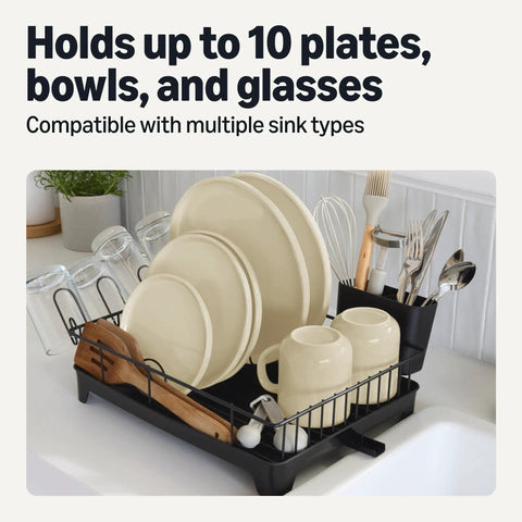 Sleek Stainless Steel Dish Drying Rack Kitchen Counter Organizer Rust Resistant Space Saver With Drain Board Rotatable Spout Easy Peasy Cleanup Fits 10 Pieces For Your Nifty Spot Black holding dishes and utensils on a countertop.