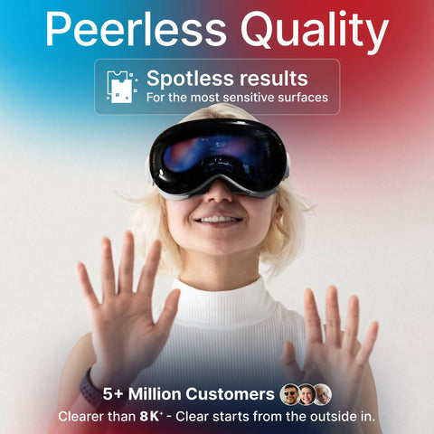 Koala eyeglass lens cleaner spray kit image showing a person wearing black VR goggles