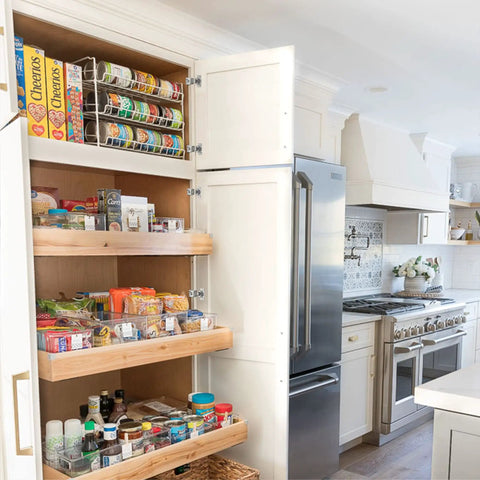 Pantry cabinet with 50 Pack Face Frame Cabinet Hinges That Close Softly, Concealed Self Closing, 1-1/4 Inch Overlay, Stainless Steel.