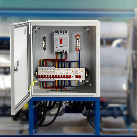 Heavy Duty One Point Five Millimeter Steel NEMA 4X IP66 Electrical Enclosure Box Eight By Eight By Six Inches With Mounting Plate Waterproof Dustproof For Outdoor And Indoor Use Built To Last Tough As Nails. Open enclosure with breaker and wiring