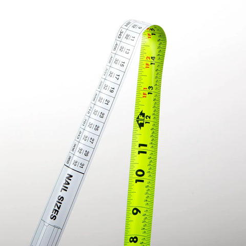 Image of a 25 Foot Self Locking Tape Measure Auto Retract Hi Vis Blade showing clear fraction print and nail sizes.