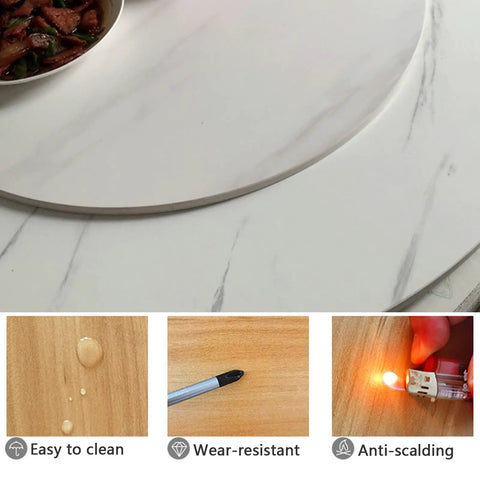 Thick 80cm Lazy Susan Turntable With Black Wood Grain Base Slays As Slick Rotating Dining Tray on a smooth surface with food.