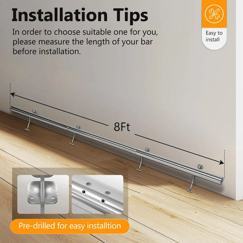 8ft Stainless Steel Bar Foot Rail Kit with polished finish and brushed brackets installed with undercounter mount hardware.
