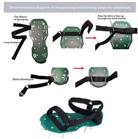 Diagram showing Heavy Strap Lawn Aerator Shoes With 26 Stainless Steel Spikes assembly and Velcro strap instructions.