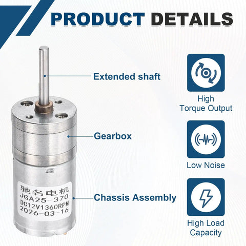 Beefy DC 12V Geared Electric Motor At 3 Watts With 25 Millimeter Diameter showcasing gearbox and extended shaft for robot projects.