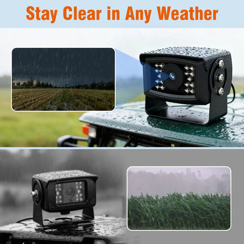1080P Wired Backup Camera System For Tractors And Heavy Duty Farm Trucks in rain, waterproof rear view with IR night vision.