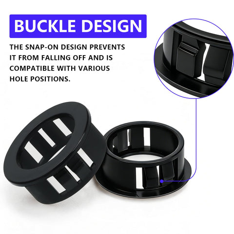Close-up of 305 Piece Black Nylon Cable Snap Grommets Set with round locking bushing design, showing detailed buckle features.