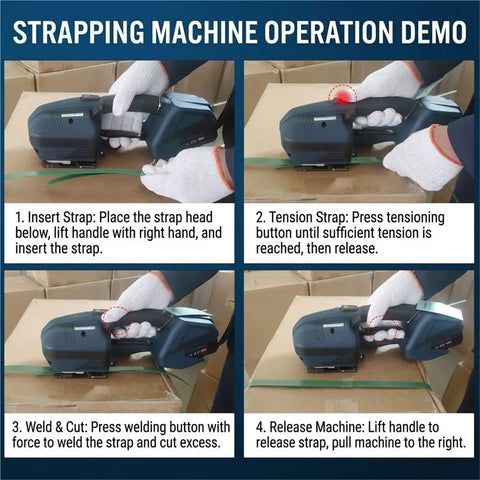 Demonstration of Electric Strapping Machine For PP PET Straps Automatic Steel Tie Gun Tensioner Wielder in use.