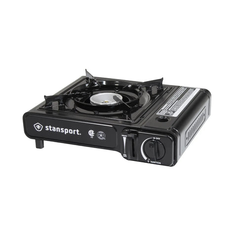 Portable Outdoor Butane Stove For Camping And Catering On The Go With Electronic Ignition Ultra Quiet One Burner Cooker In Black Angle View