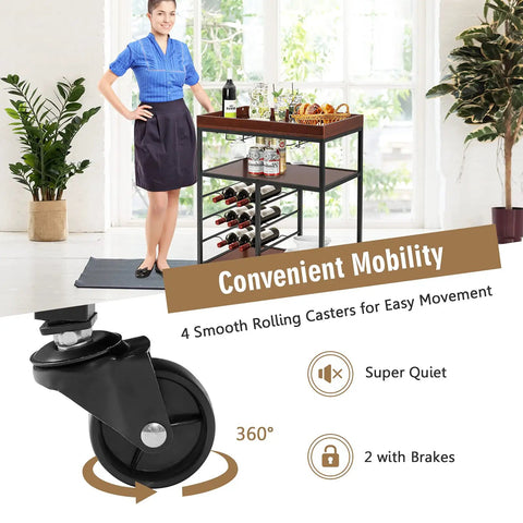Slick Rolling Kitchen Island Cart With Rustic Brown Wood And Steel Frame features lockable wheels for easy mobility.