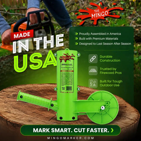 Top Shelf Firewood Measuring Marker Tool With Five Heavy Duty Wheels Six To Twenty Four Inch Range on a tree stump.