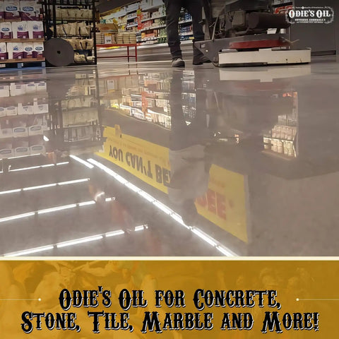 Reflected store aisle with polished floor using Universal Finish For Wood Leather Plastic Vinyl Metal And More Workhorse All Purpose 9 Oz Jar