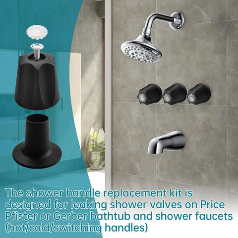 Matte Black 3 Piece Shower Knob Replacement Kit For Price Pfister And Gerber Faucets components with faucet handle and shower head.