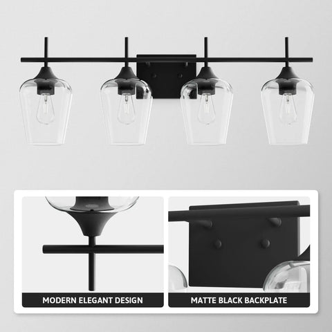 4 Light Vanity Light Fixture With Clear Glass Shades Black Finish Modern Industrial Style Over Mirror Wall Lamp