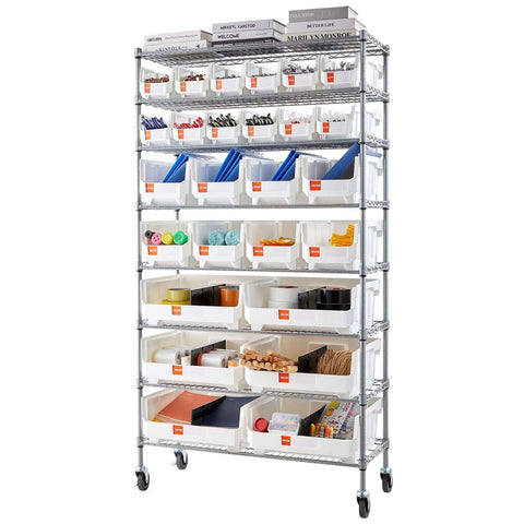 Eight Tier Rolling Storage Rack Featuring Twenty Six Modular Parts Bins Heavy Duty Steel Wire Shelving Cart with tools and supplies organized.