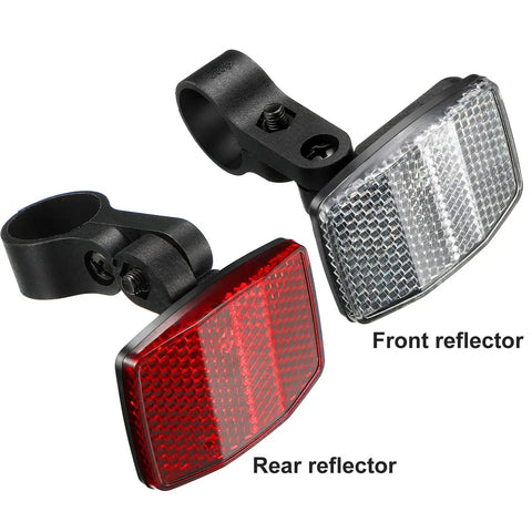 4 Pack Bike Spoke Reflectors For Front And Rear, Red And White Safety Reflectors, shown with mounting brackets for handlebar and seatpost.