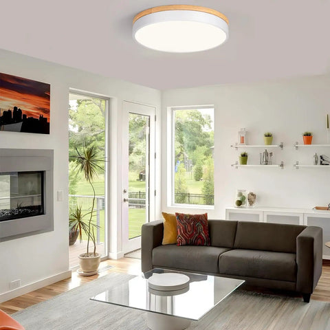 Wooden Flush Mount Ceiling Light With Dimmable LED 5CCT 2700K 6000K Round 16 Inch Ceiling Fixture in a modern living room
