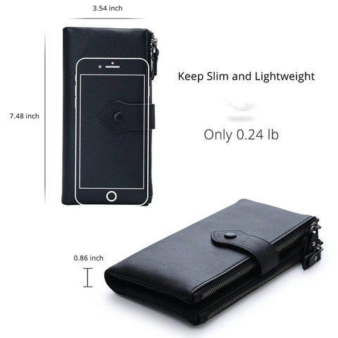 Women's Soft Leather RFID Blocking Bifold Slim Wallet With Double Zipper Pockets 17 Card Slots And ID Window Black