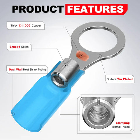 Detailed view of 12 To 10 AWG Heat Shrink Ring Terminals Kit 50 Pcs Copper Battery Cable Lugs showcasing features and materials
