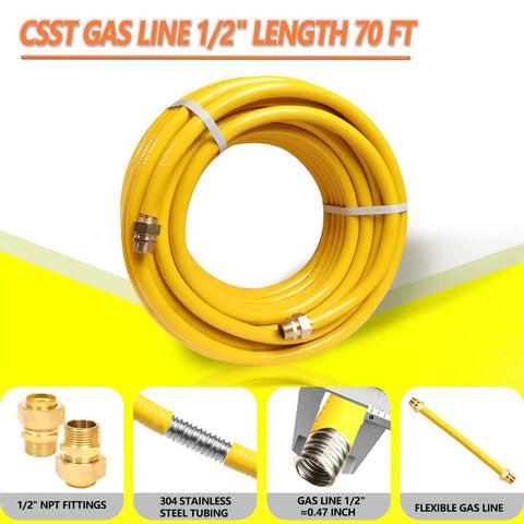 70ft Flexible Gas Line Kit Half Inch CSST Corrugated Stainless Steel Tubing For Natural Gas And Propane Grills