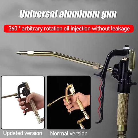 Universal aluminum gun for oil injection with 360° rotation, showcasing updated and normal versions for industrial use.