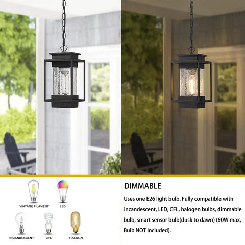Outdoor Indoor Pendant Light For Front Porch And Entryway, weatherproof aluminum with crack glass shade, hanging in backyard