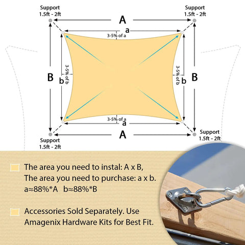 Shade Sail 14x16 Rectangle Sun Blocking Breathable Outdoor Canopy diagram with installation dimensions and stainless steel D ring
