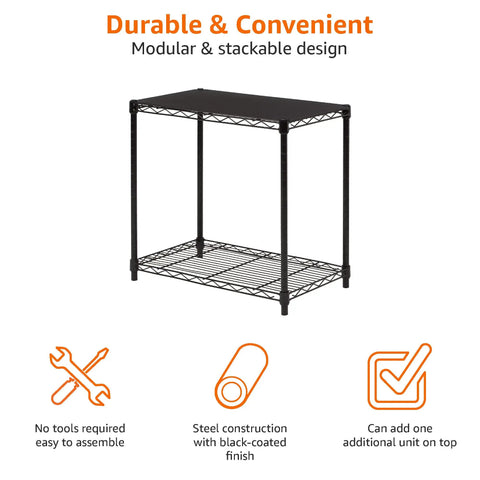 Rock Solid Heavy Duty 2 Shelf Stackable Steel Wire Rack With Tough Black Finish, showcasing modular design and black-coated shelves.