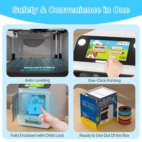 Next Level Mini 3D Printer For Kids With Auto Leveling And Hella Safe Kid Friendly Frame Plus Five Inch Touch Screen and safety features