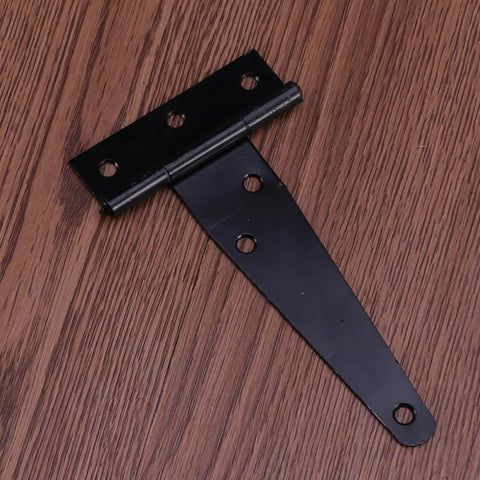 Beefy 4 Inch T Shaped Iron Hinges Set for Doors and Gates with Six Screw Holes, black finish on wood surface