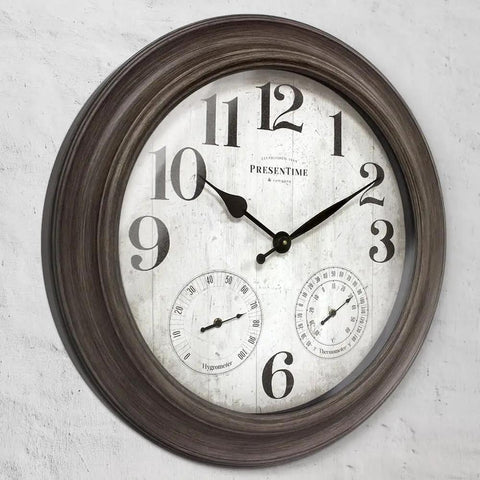 26 Inch Indoor And Outdoor Farmhouse Clock With Thermometer And Hygrometer All In One Weather Station Wall Art And Timepiece For Home Decor In Grey Oak Finish UV Resistant front view
