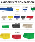 Akrobin size comparison chart showing different storage bins for Space Saving Stackable Plastic Storage Bins for Garage Pantry and Craft Room.