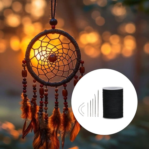 Rock Solid Waxed Thread For Leather Sewing And Bookbinding Hella Durable Half Millimeter Black Cord with sewing needles beside dreamcatcher.